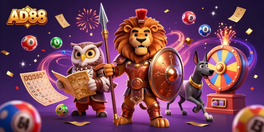 Experience thrilling gaming at AD88 with captivating characters and vibrant lottery elements.