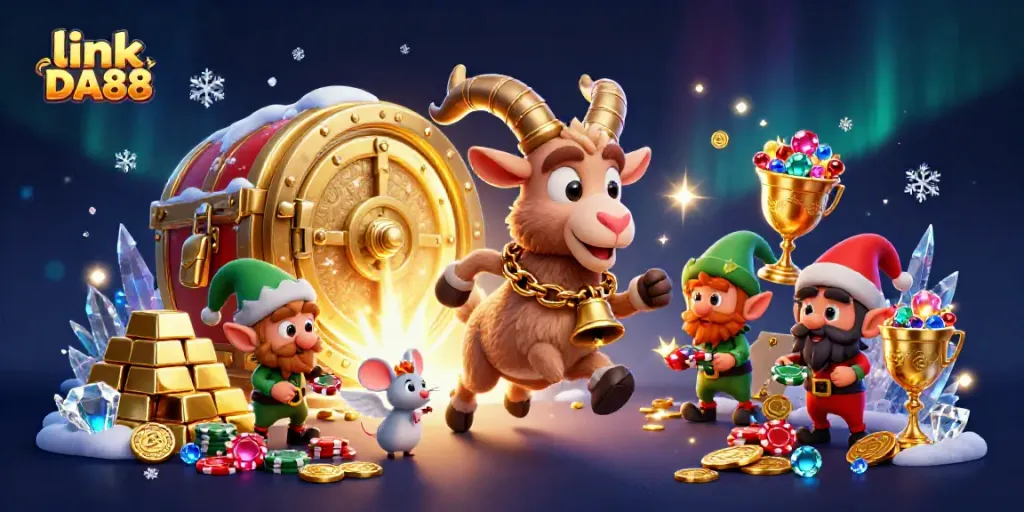Experience the festive chaos of a holiday casino with link DA88 featuring Krampus and a mischievous elf.