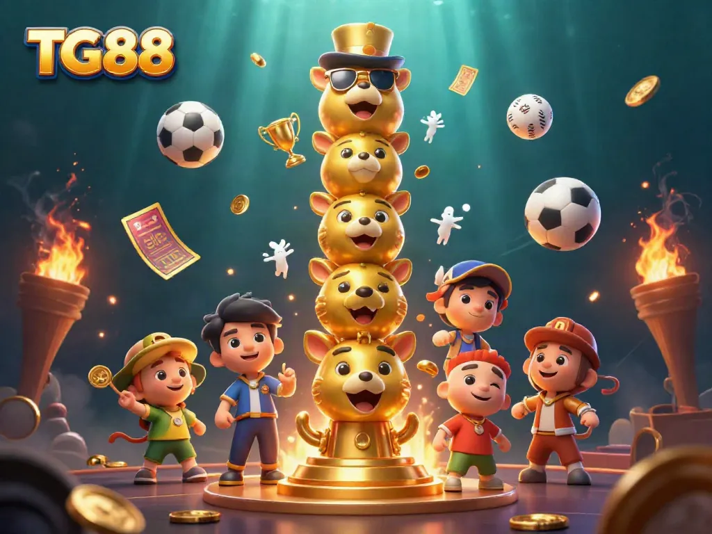 Experience the excitement of TG88 with a dynamic casino-themed illustration showcasing a colorful totem and sports elements.