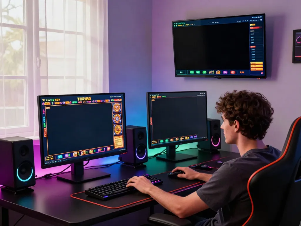 Player immersed in slot88 online gaming, showcasing vibrant interfaces and modern gaming setup.