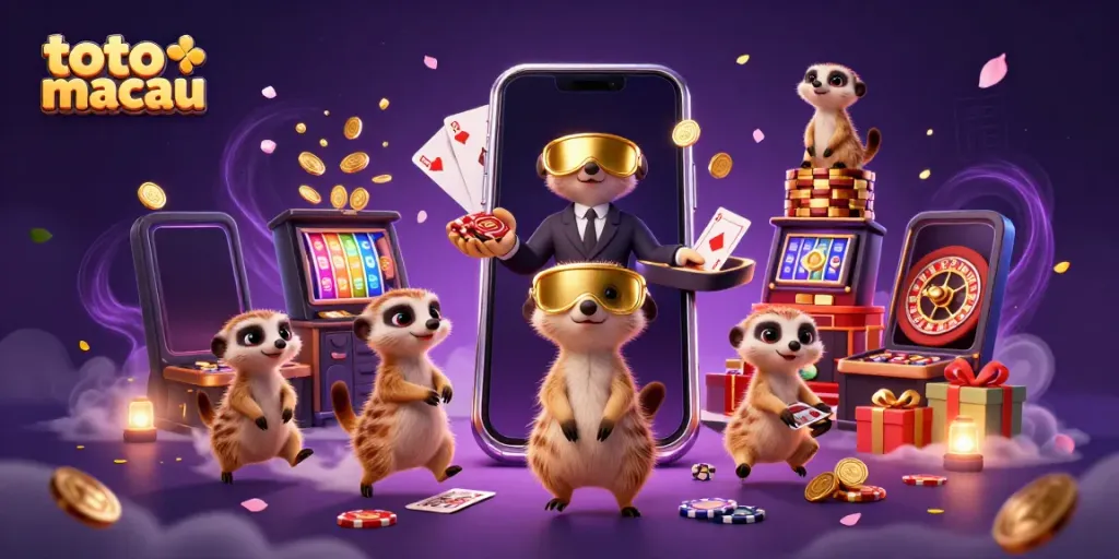 Visualisasi atraktif tentang toto macau dengan koloni meerkat mengoperasikan kasino, menampilkan detail permainan yang menarik.