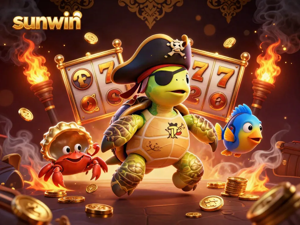 Spin to win with sunwin's exciting slots, featuring a pirate turtle in a treasure-filled adventure.