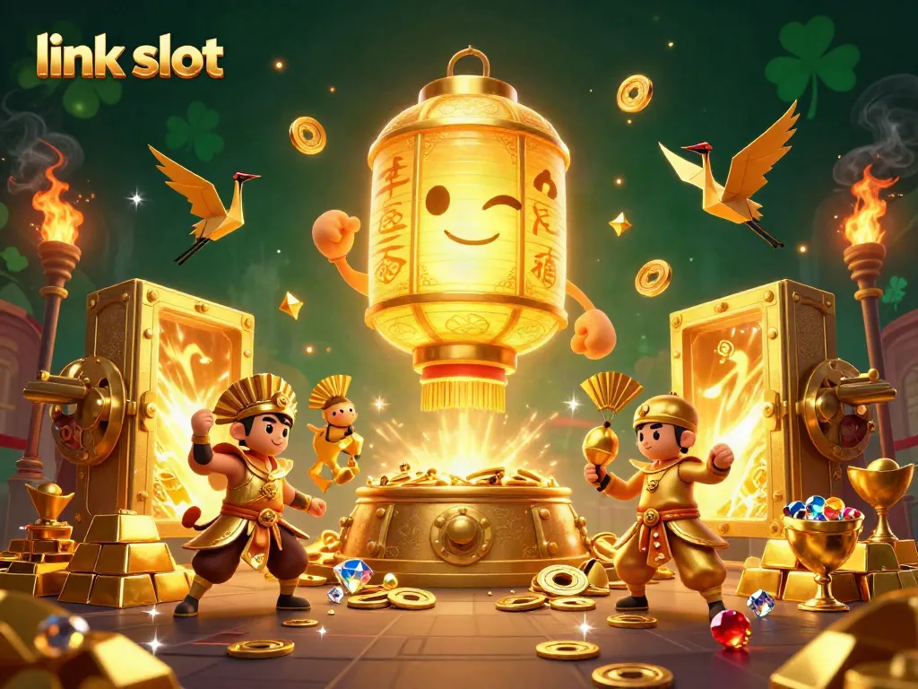 Engage in thrilling gaming with link slot, featuring a radiant golden lantern spirit amidst vibrant casino symbols.