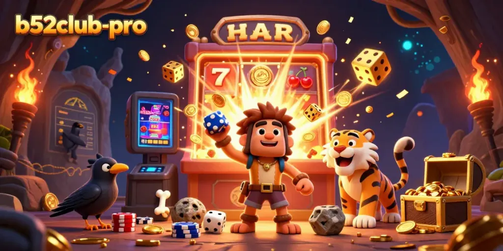 Experience the thrill with b52club-pro at this prehistoric casino featuring captivating characters and vibrant game symbols.