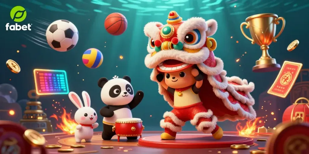 Engage in thrilling betting with fabet while enjoying the vibrant lion dance in this lively casino scene.