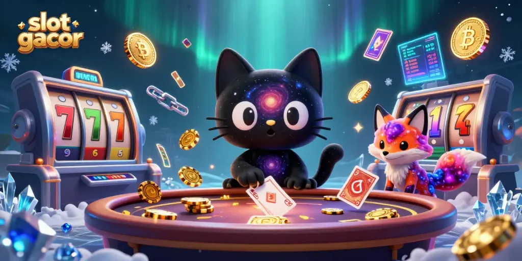 Experience the excitement of slot gacor with a cosmic cat and fox duo at a casino table.