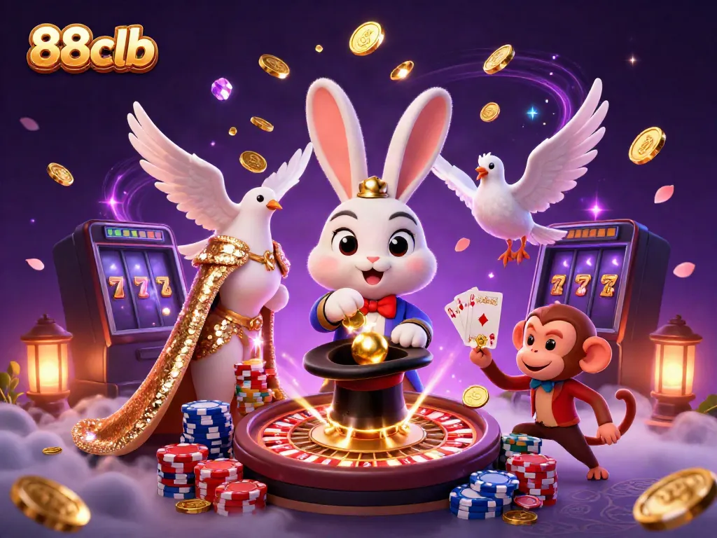 Engaging 88clb illustration showcasing a magician rabbit, an assistant dove, and a monkey with casino elements.