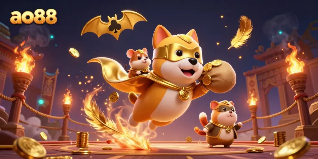 Experience thrilling action with the superhero dog and hamster in the adventurous ao88 casino scene.