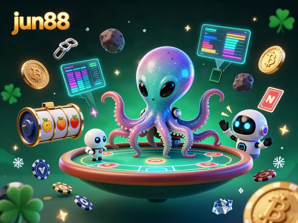 Engage in vibrant gameplay at jun88 with an alien octopus dealer and futuristic poker table.