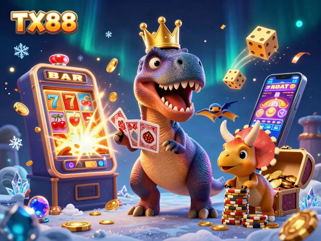 Engage in thrilling gameplay with TX88 as a cartoon T-Rex shuffles cards amidst exciting casino elements.