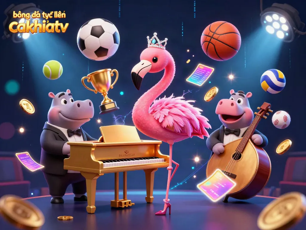 Experience bóng đá trực tuyến cakhiatv in vibrant 3D, featuring lively illustrations of sports betting elements and characters.