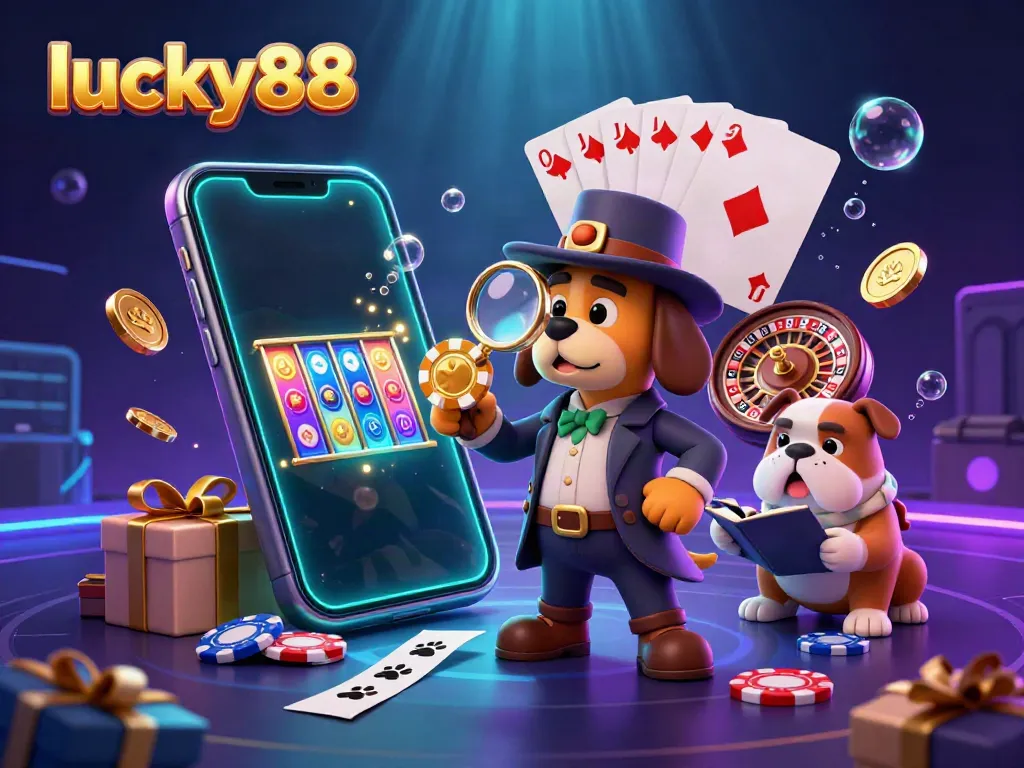 Engage with lucky88 poker chips, vibrant slot games, and casino treasures in a playful scene.