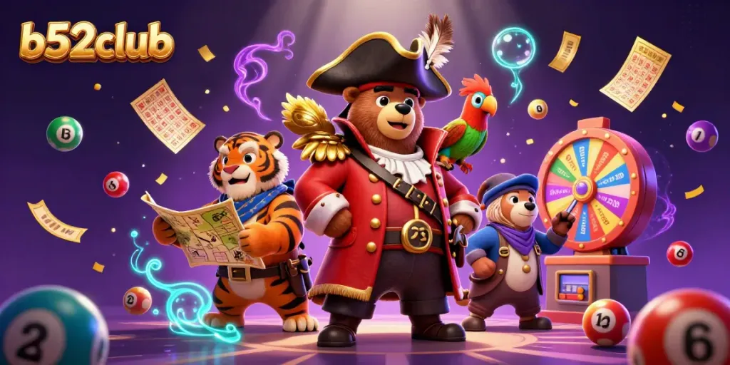 Engage with the thrilling atmosphere of b52club in a vibrant casino scene featuring lottery elements and animated characters.