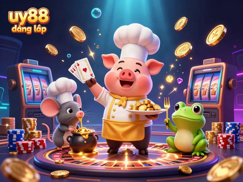 Engage with uy88 đăng nhập as a chef pig serves gold coins, highlighted with casino elements.