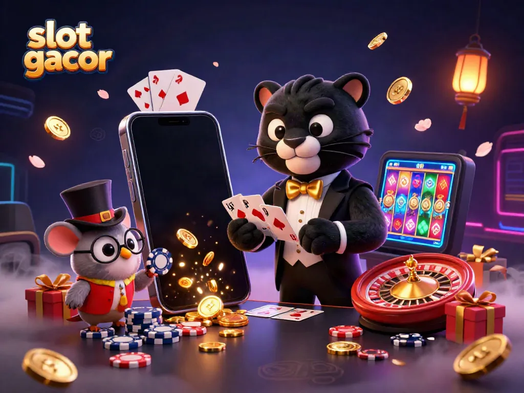 Delve into slot gacor action with a stylish panther dealer, owl, and lucky mouse in a vibrant scene.
