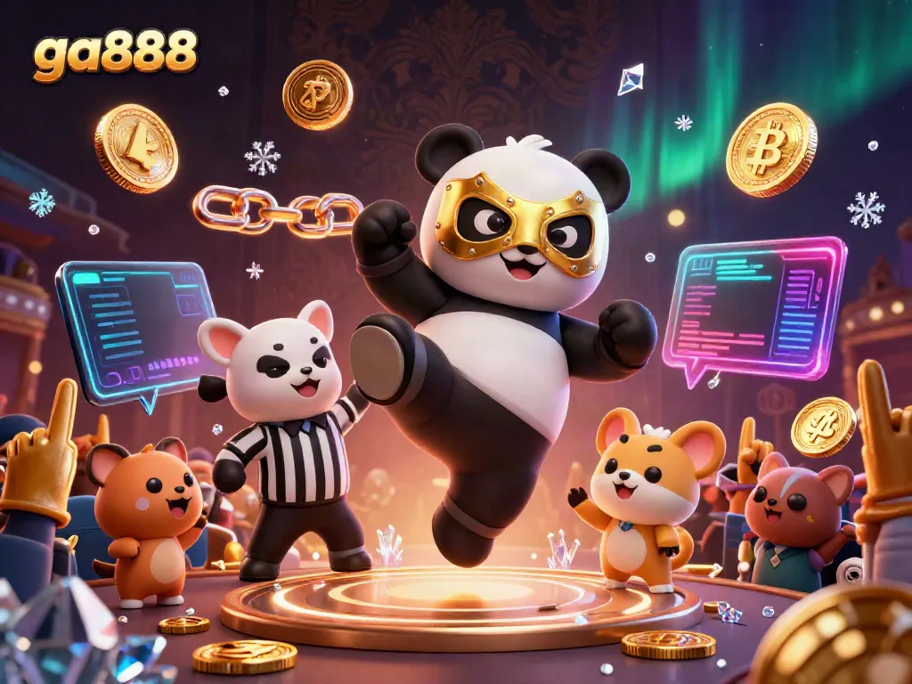 Experience the excitement of ga888 with a lively scene showcasing a wrestling panda and chihuahua referee surrounded by vibrant casino elements.