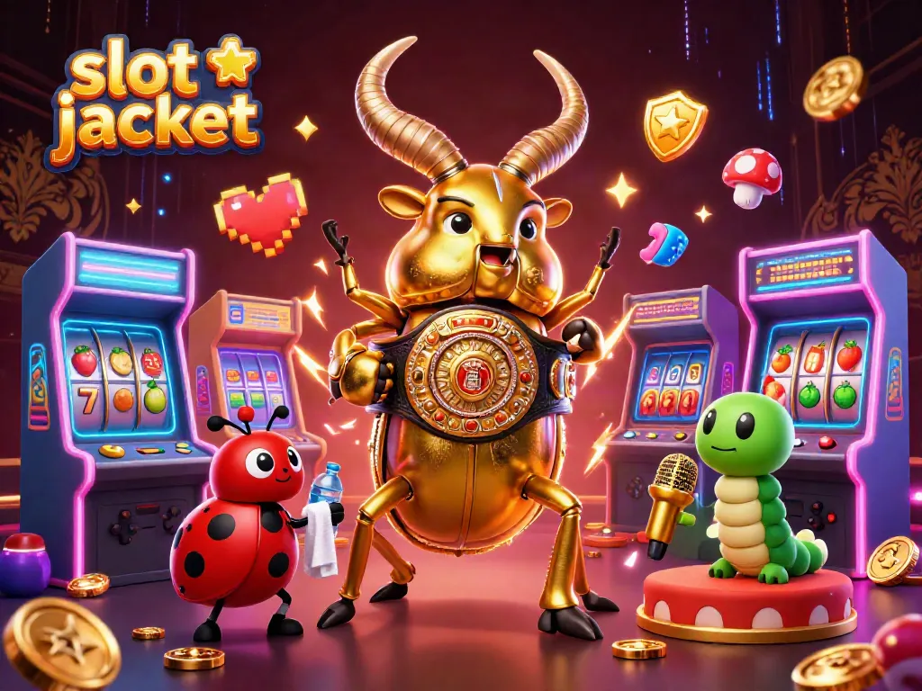 Experience the excitement of slot jackpots with a vibrant 3D illustration featuring dynamic characters and game elements.