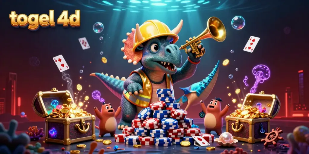 Ilustrasi 3D karakter triceratops dan parasaurolophus merayakan togel 4d di suasana kasino.