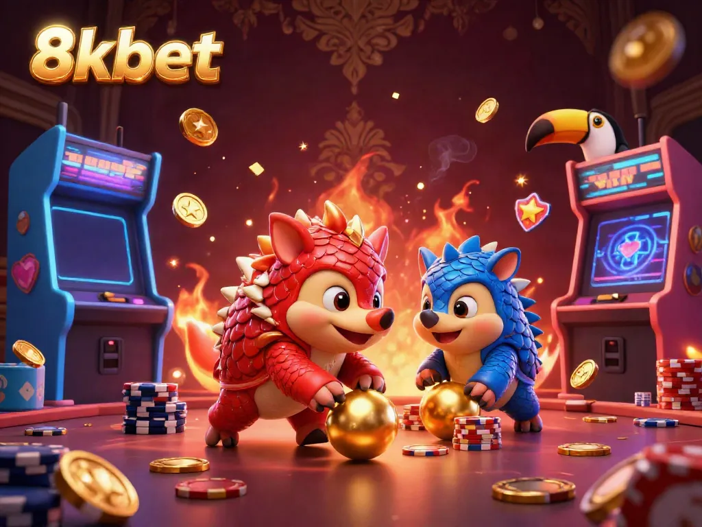 Engage in thrilling casino action with rival pangolins at 8xbet, featuring vibrant arcade elements and gold.