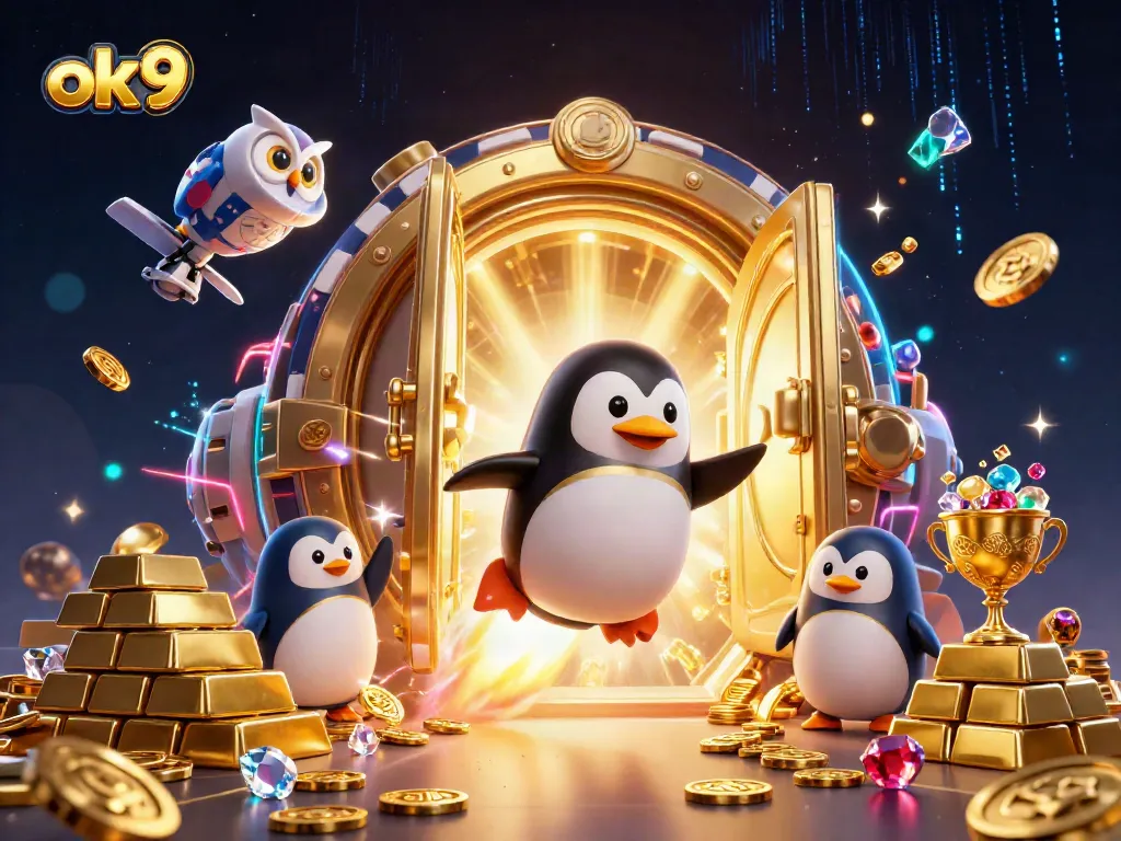 Spin and win with ok9, a vibrant 3D illustration of a golden penguin astronaut racing toward a casino space station.