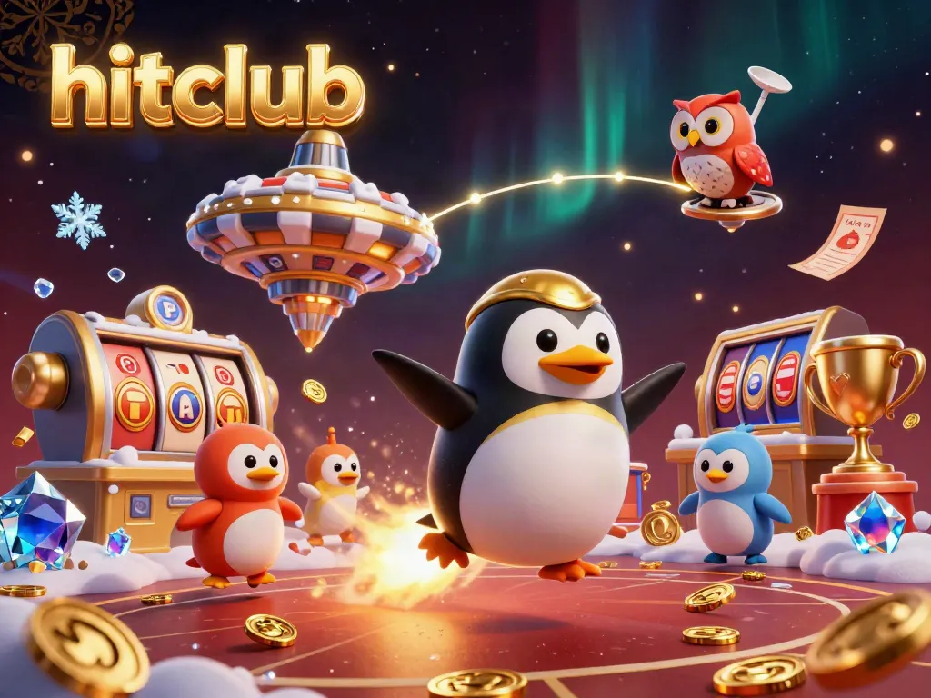 Hitclub ignites excitement with a golden penguin, casino elements, and thrilling visuals in this captivating illustration.