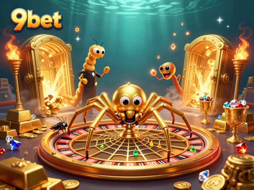 Engaging 3D scene depicting a 9bet themed casino with a golden spider and a centipede dealer amidst treasure.