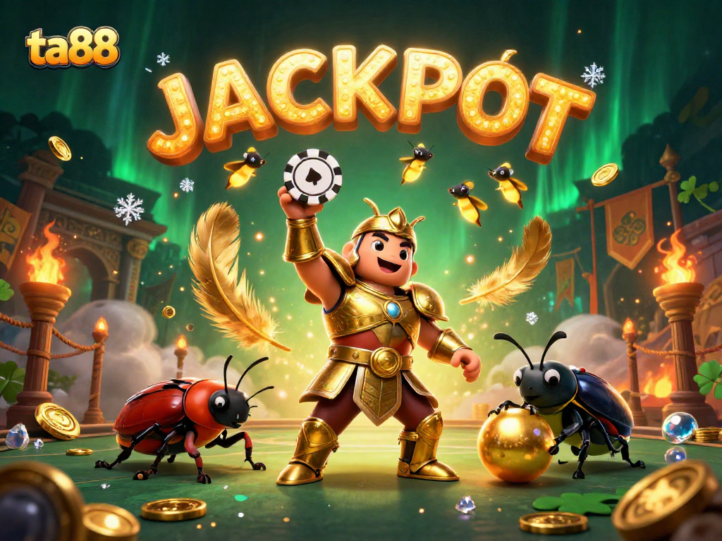 Experience ta88's thrilling casino action with a victorious hercules beetle lifting a poker chip, surrounded by vibrant betting elements.