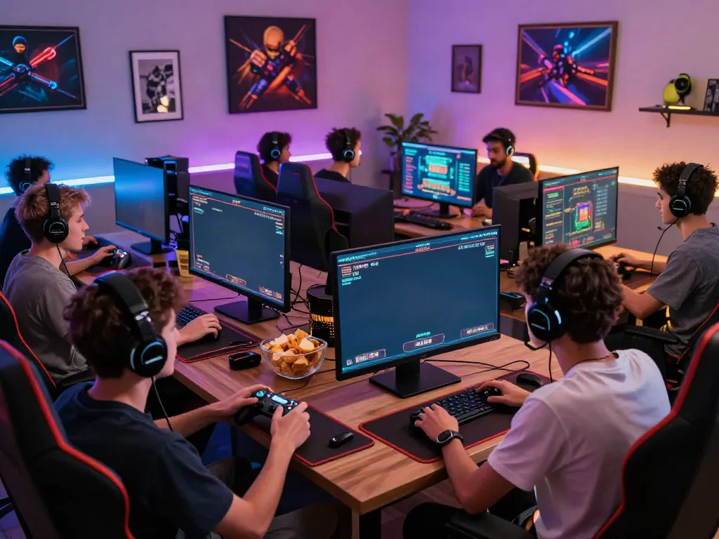 Friends enjoying a multiplayer online game in a modern gaming lounge, highlighting the excitement of man88.