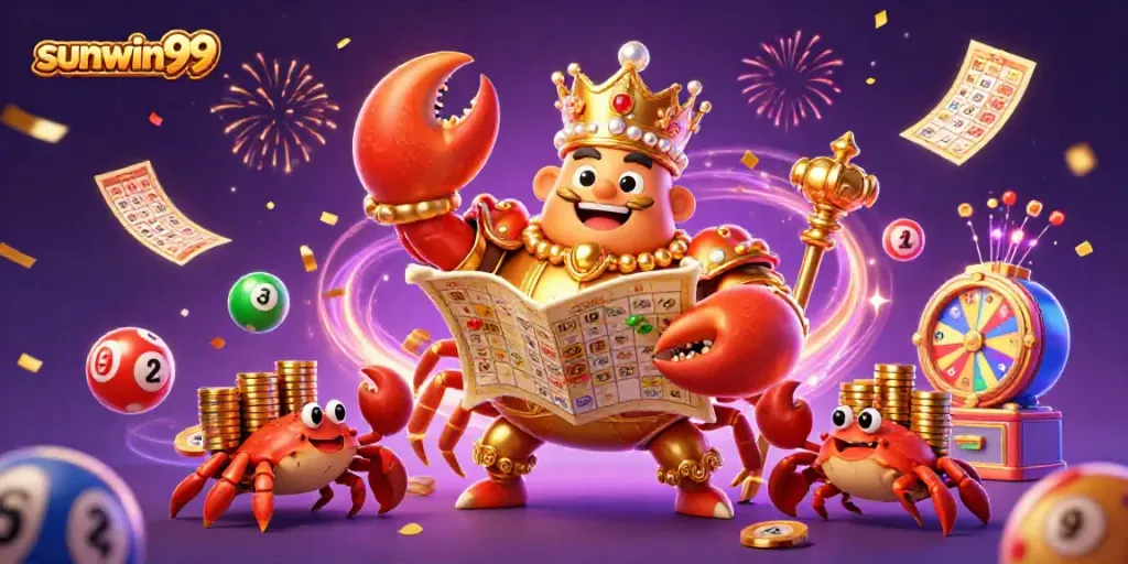 Engage with sunwin99 as the golden crab emperor leads a lively gaming celebration.