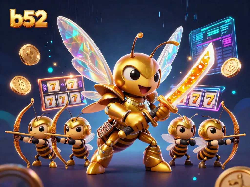 Engage with thrilling b52 gaming action featuring vibrant samurai hornets and glowing coins in a casino illustration.