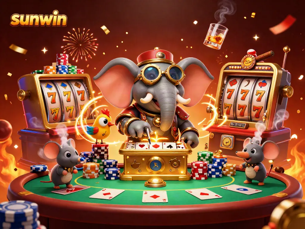 Engage in thrilling action with sunwin's vibrant 3D casino scene showcasing steampunk elements and slot machine excitement.