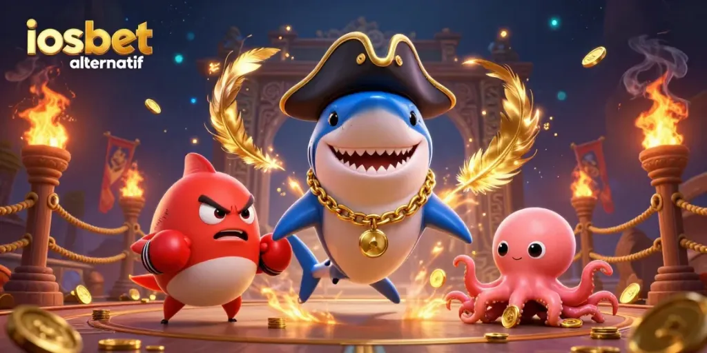 Karakter lucu di arena perjudian dalam iosbet alternatif, menampilkan hiu, ikan sunfish, dan ikan gurita yang membawa koin emas.