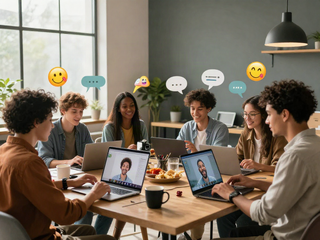 In an engaging nsfw chat environment, friends connect via laptops in a lively, modern co-working space.