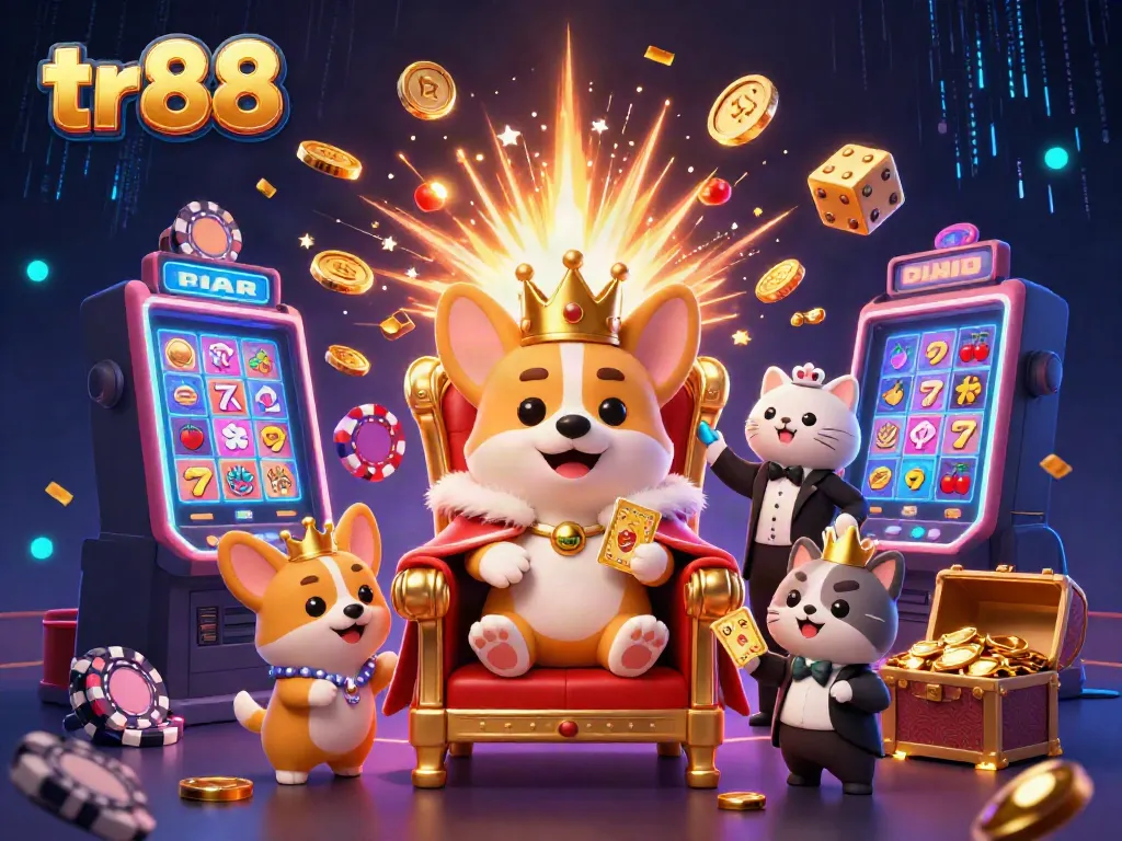 Experience an engaging scene at TR88 with royal corgi and a vibrant casino atmosphere filled with excitement.