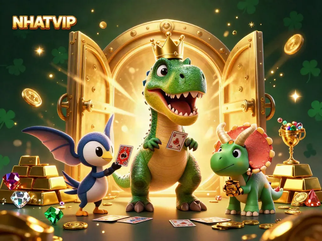 Experience NHATVIP's thrilling world with a cartoon T-Rex shuffling cards and treasure.
