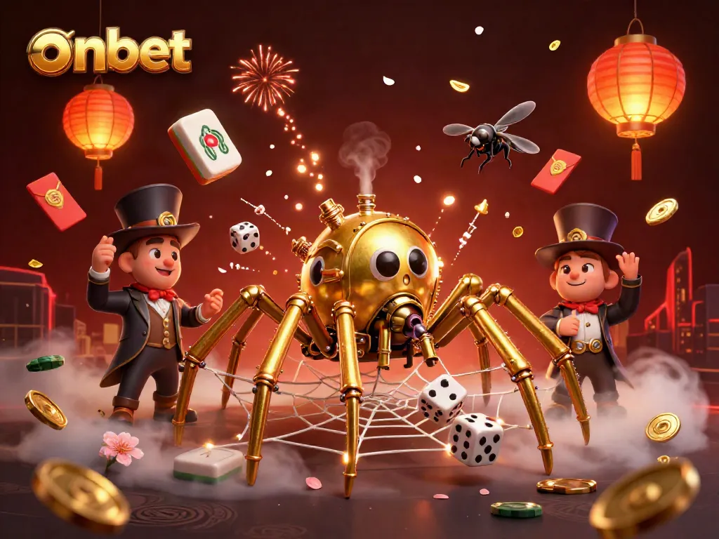 Engage with the exciting onbet experience featuring a steampunk spider catching dice amidst vibrant casino elements.