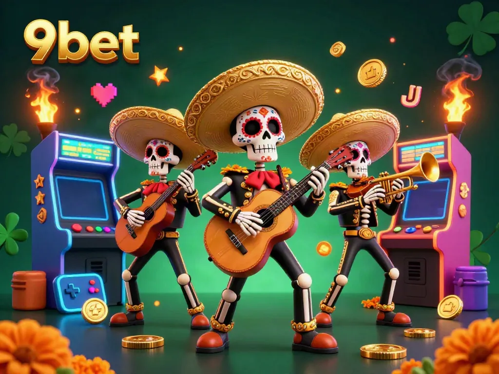 Experience thrilling games at 9bet with a vibrant casino-themed 3D illustration of a mariachi band.