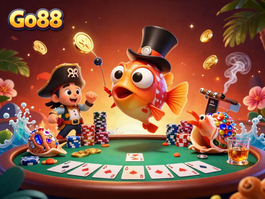 Catch coins with Go88, featuring a deep-sea anglerfish, shrimp, and treasure snail in a lively casino scene.