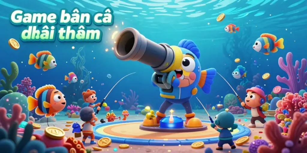 Experience the excitement of Game bắn cá đổi thưởng with vibrant underwater scenes filled with colorful fish, treasures, and dynamic play elements.