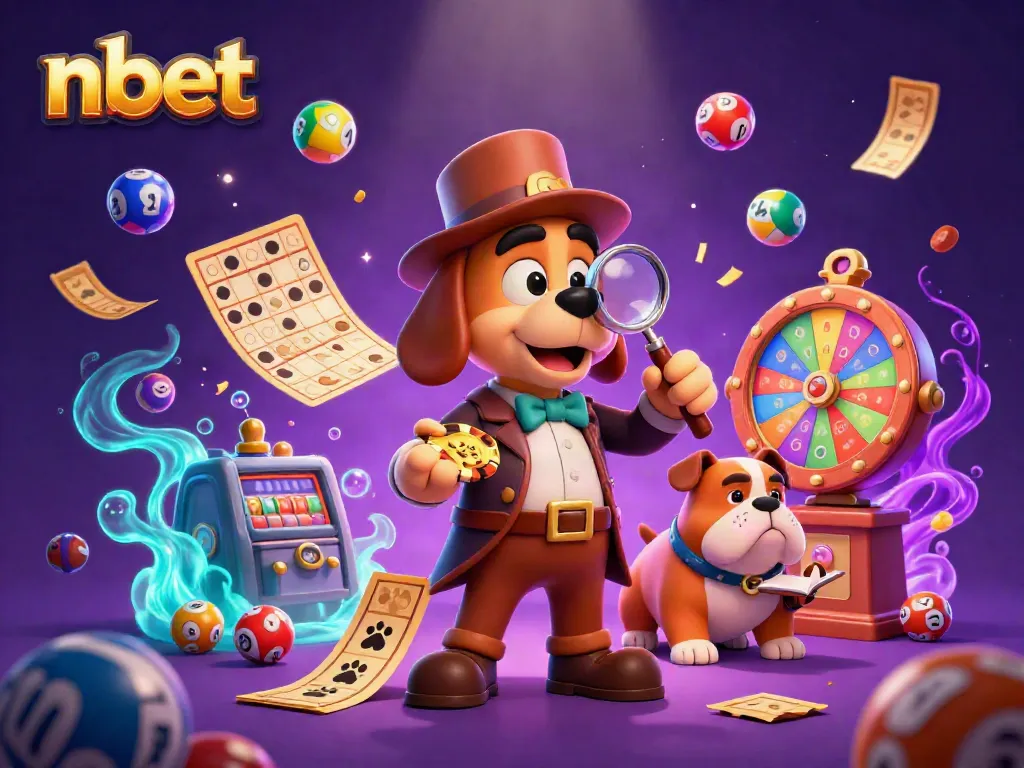 Engage with exciting nbet gaming adventures through an illustration featuring a detective and vibrant gambling elements.