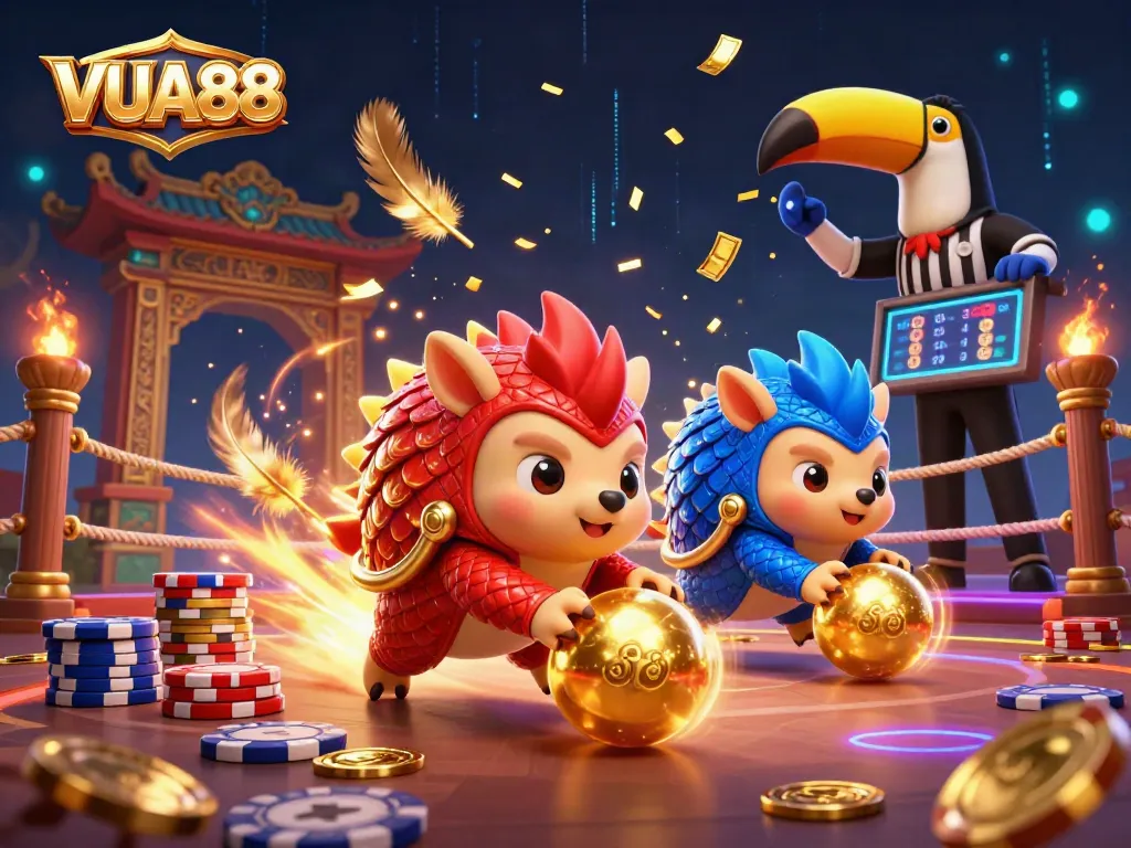 VUA88 pangolins compete in a lively casino scene with poker chips and vibrant energy.