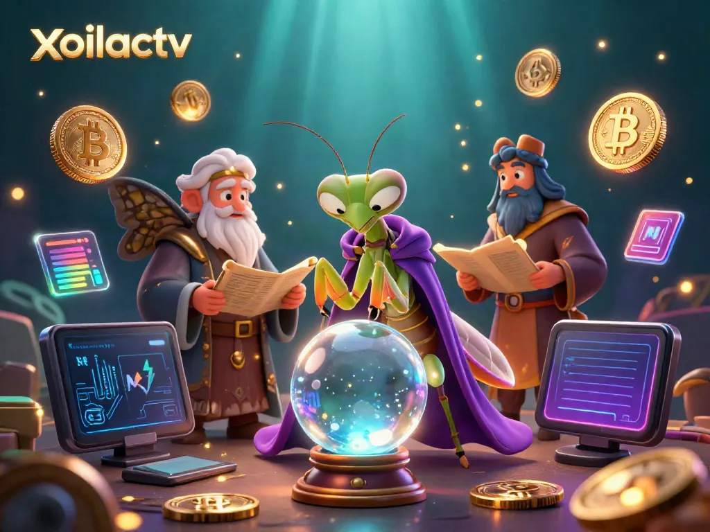 Experience gaming magic with xoilactv, featuring a fortune teller and librarian surrounded by cryptocurrency elements.