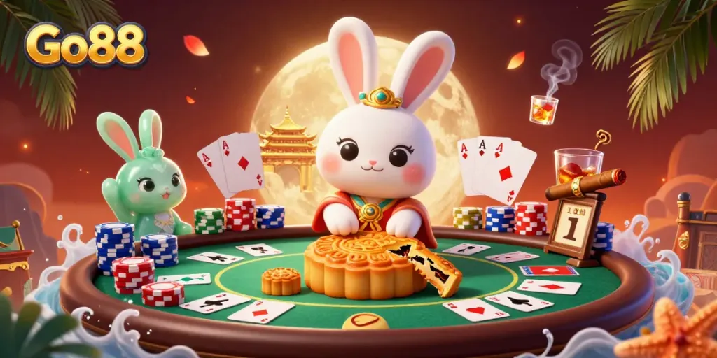 Experience Go88 excitement with a 3D moon rabbit cracking open mooncakes filled with poker chips.