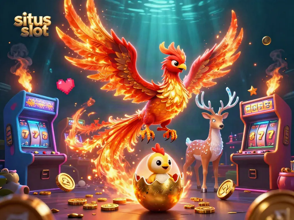 Engage with situs slot featuring a phoenix rising and vibrant slot machines creating a thrilling casino atmosphere.