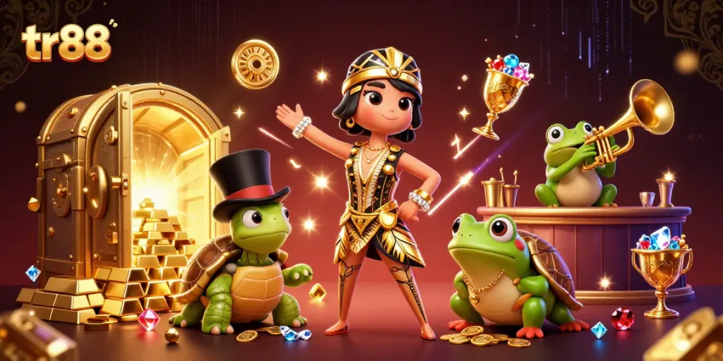 Play tr88 at a casino with vibrant characters and dazzling gold elements in this engaging illustration.