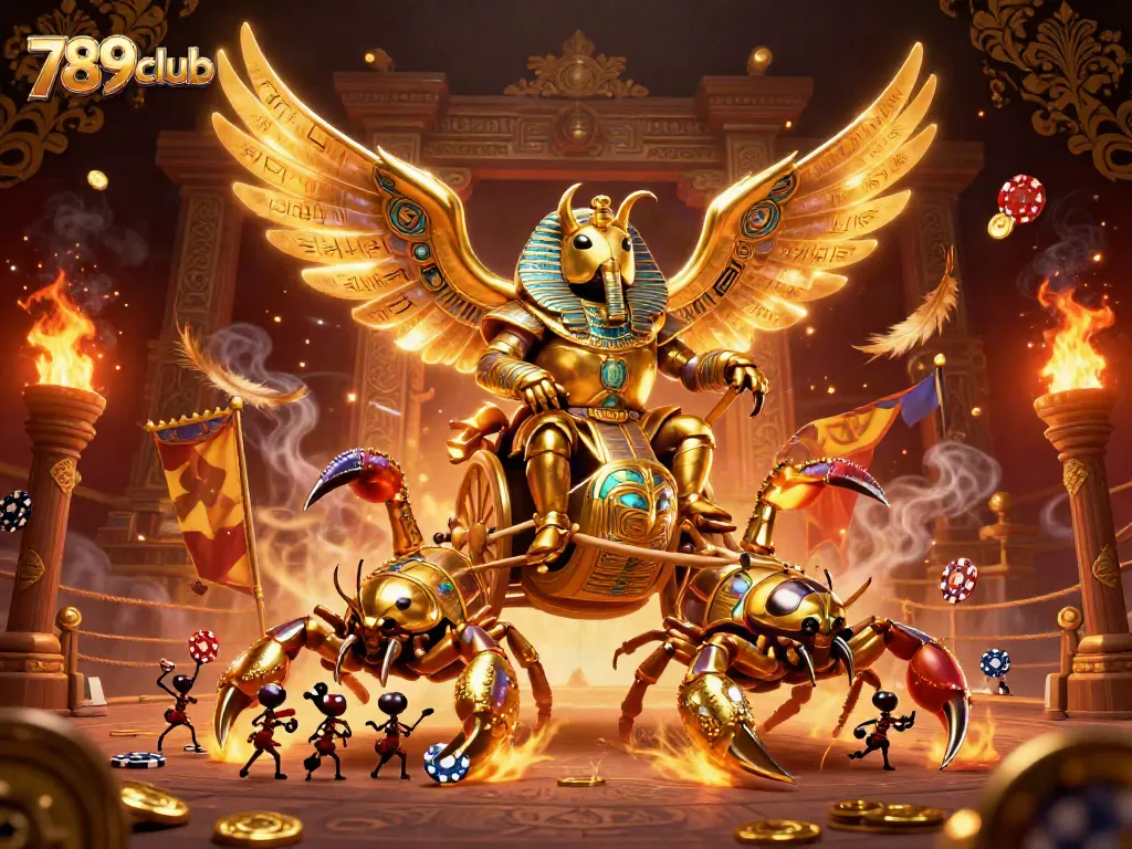 Immerse in 789club's vibrant world where a golden scarab rides in a spectacular casino-inspired chariot.