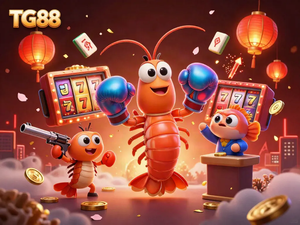 Engage in slots excitement with TG88 as 3D characters burst into action among festive gaming elements.