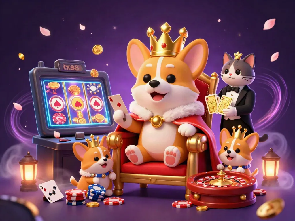 Engage with tx88's vibrant 3D casino scene featuring a royal corgi and dynamic gaming elements.