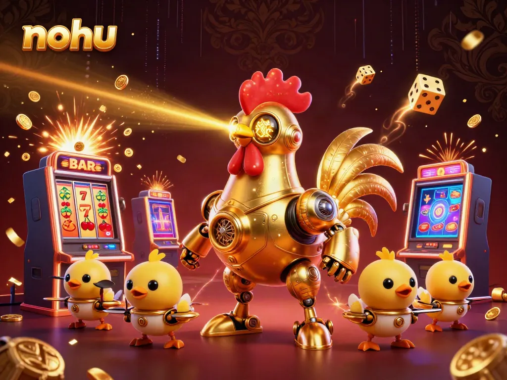 Experience thrilling jackpot action with nohu's vibrant gaming scene featuring laser-shooting rooster robots.