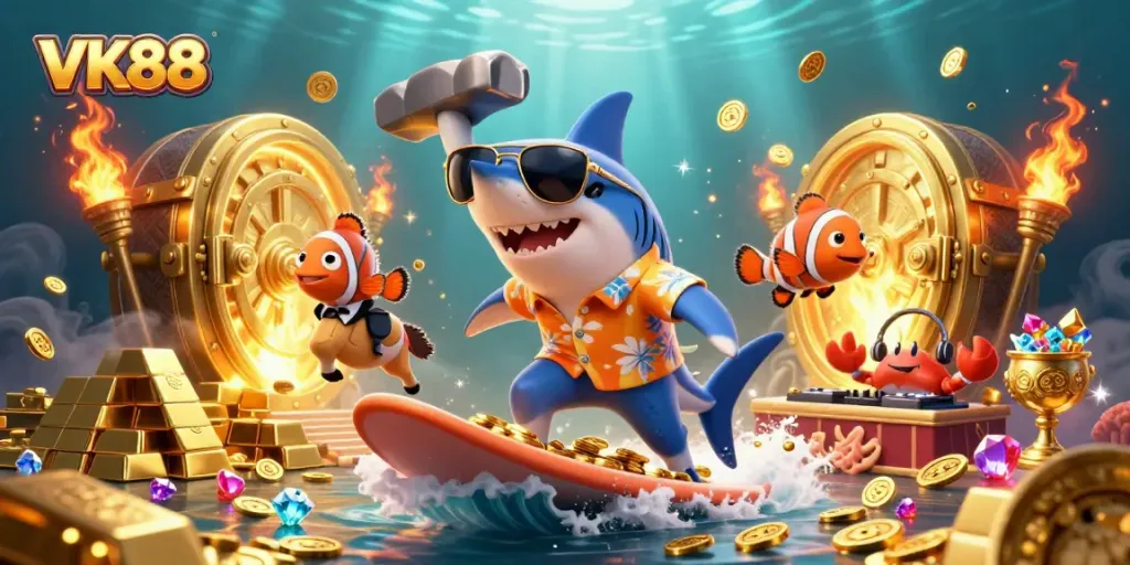 Experience the thrill of VK88 with a vibrant casino-themed underwater scene filled with treasure!